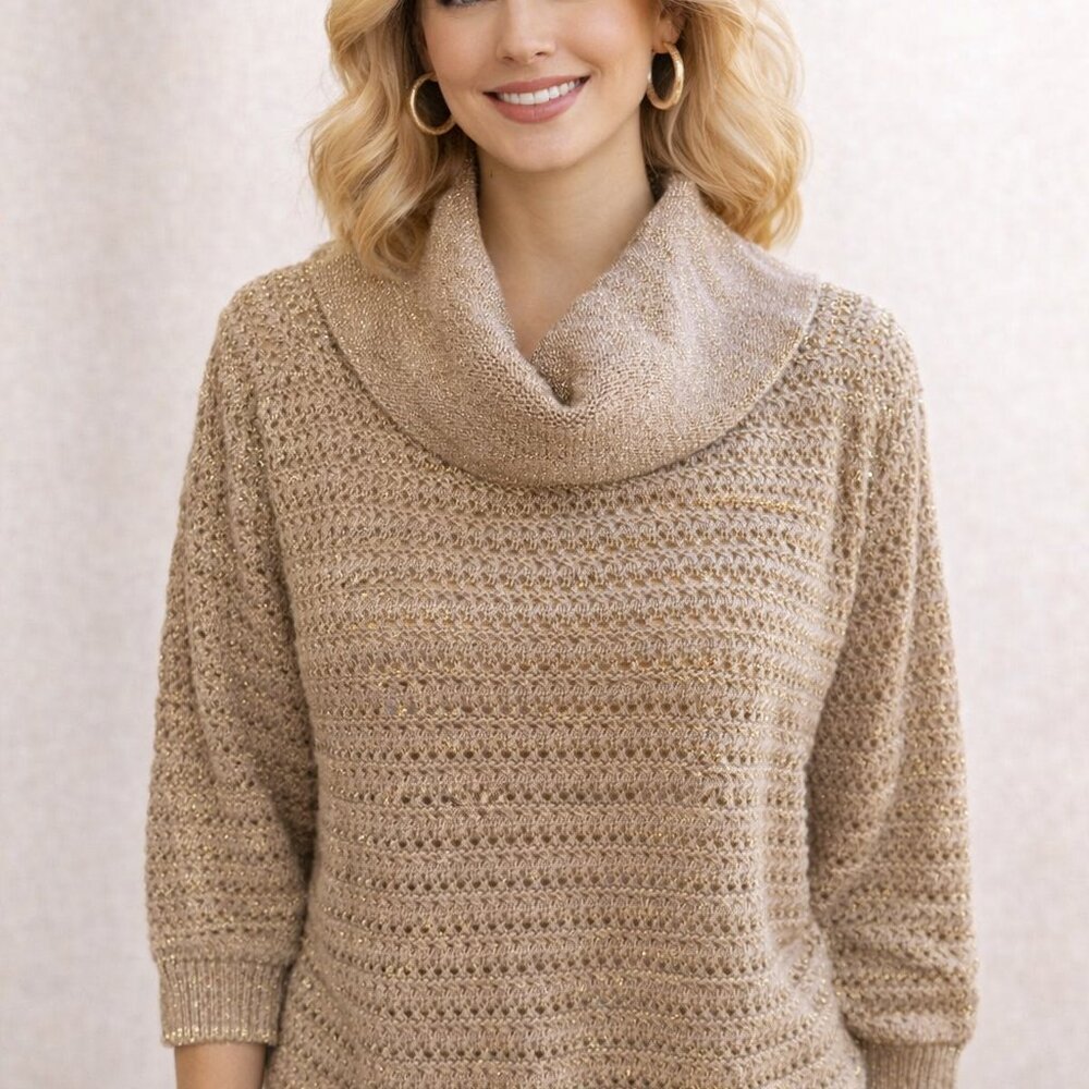 New York & Co Shimmery Cowl Sweater Sz L Open Knit Gold Thread Special Party - Picture 2 of 11